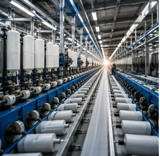 Fabric roll being inspected on the production floor at Jaibaba Interlinings