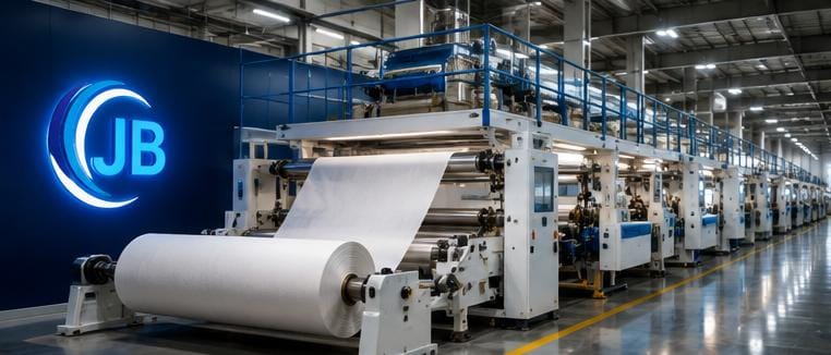 Textile machinery running a calibrated interlining production cycle at Jaibaba's Delhi facility